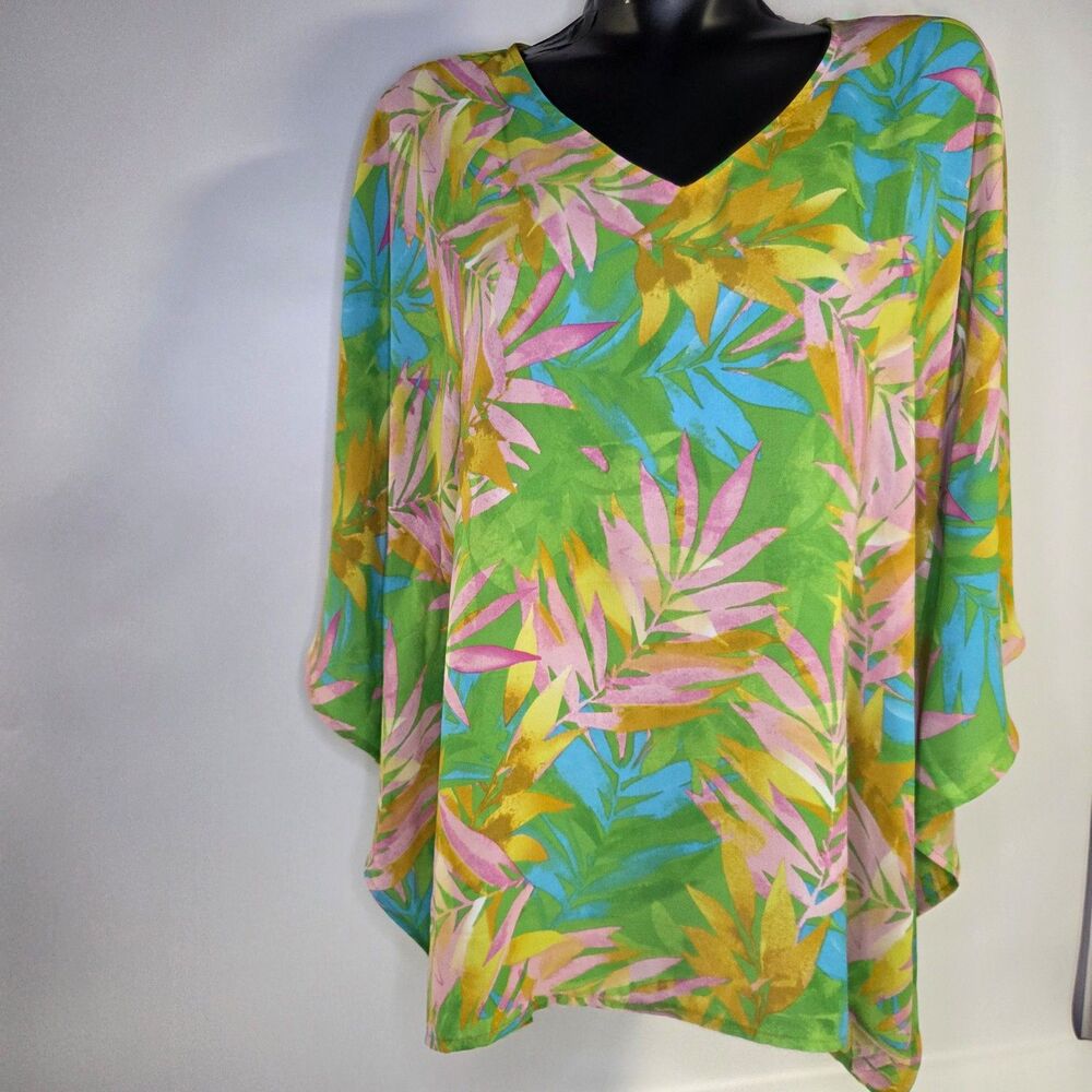 Belle Kim Gravel M Medium Shirt Top Coverup Green Pink Tropical V Neck sz L